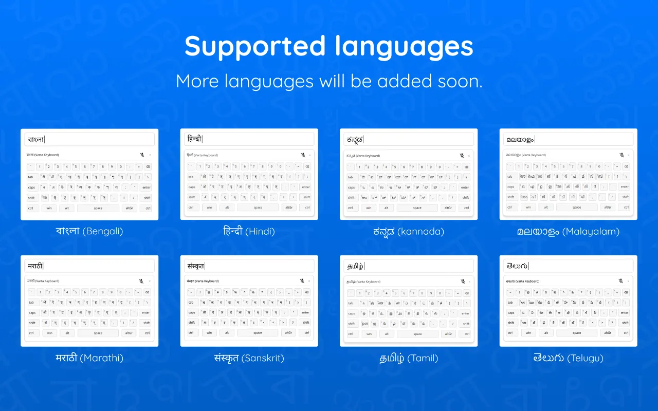 Varta browser keyboard layouts for eight Indian languages.