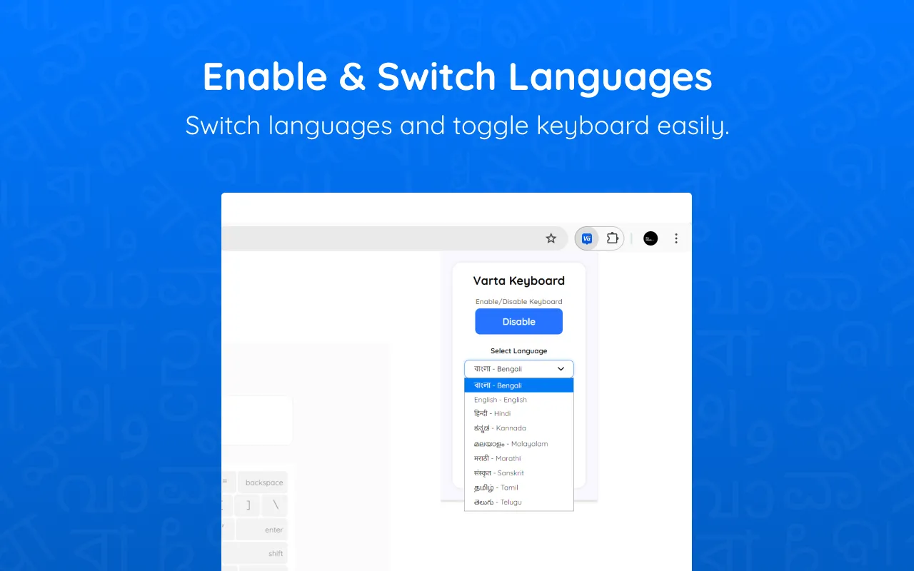 Varta browser extension: switching languages from the toolbar.