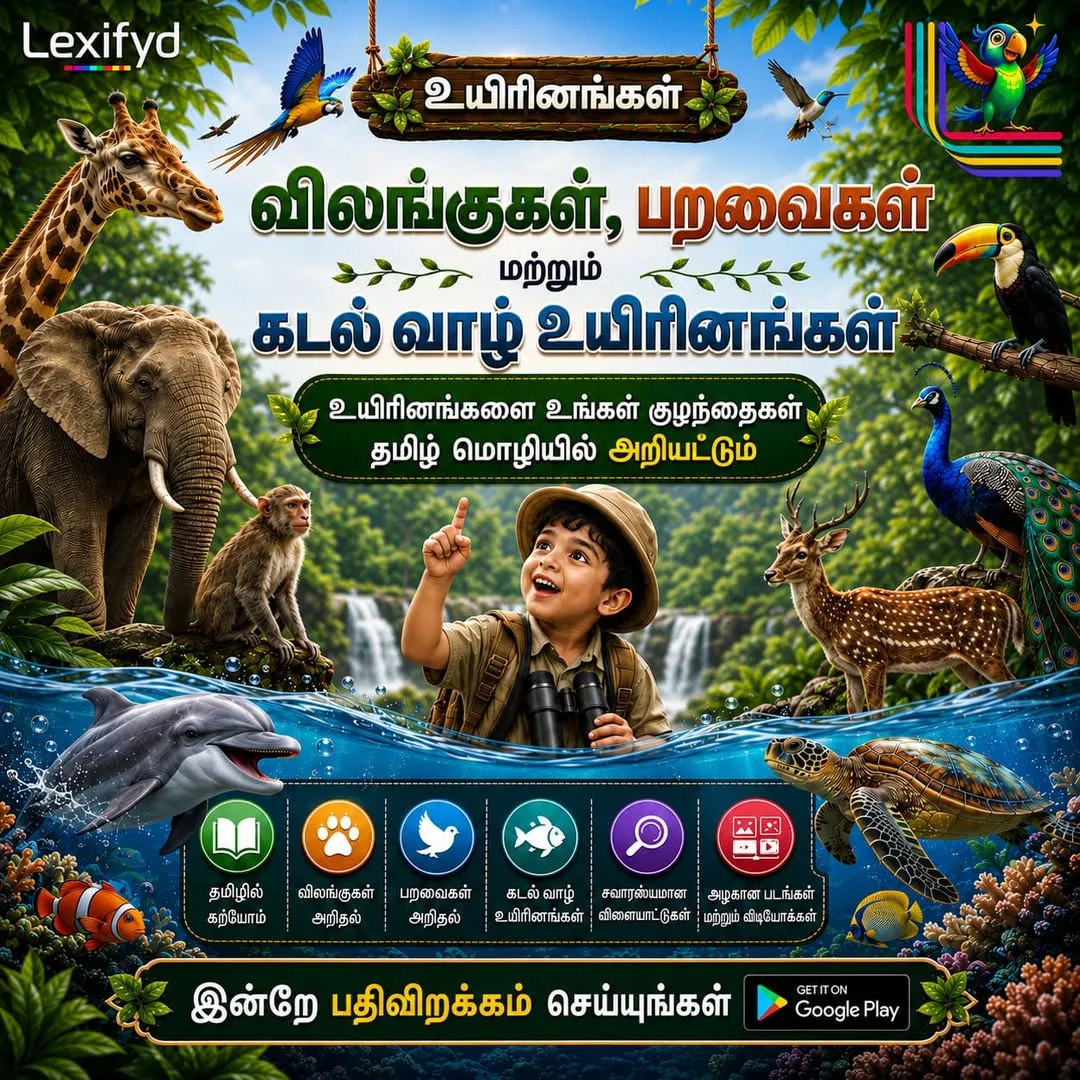 Poster: “விலங்குகள், பறவைகள் மற்றும் கடல் வாழ் உயிரினங்கள்”. A young explorer among animals, birds and sea creatures.