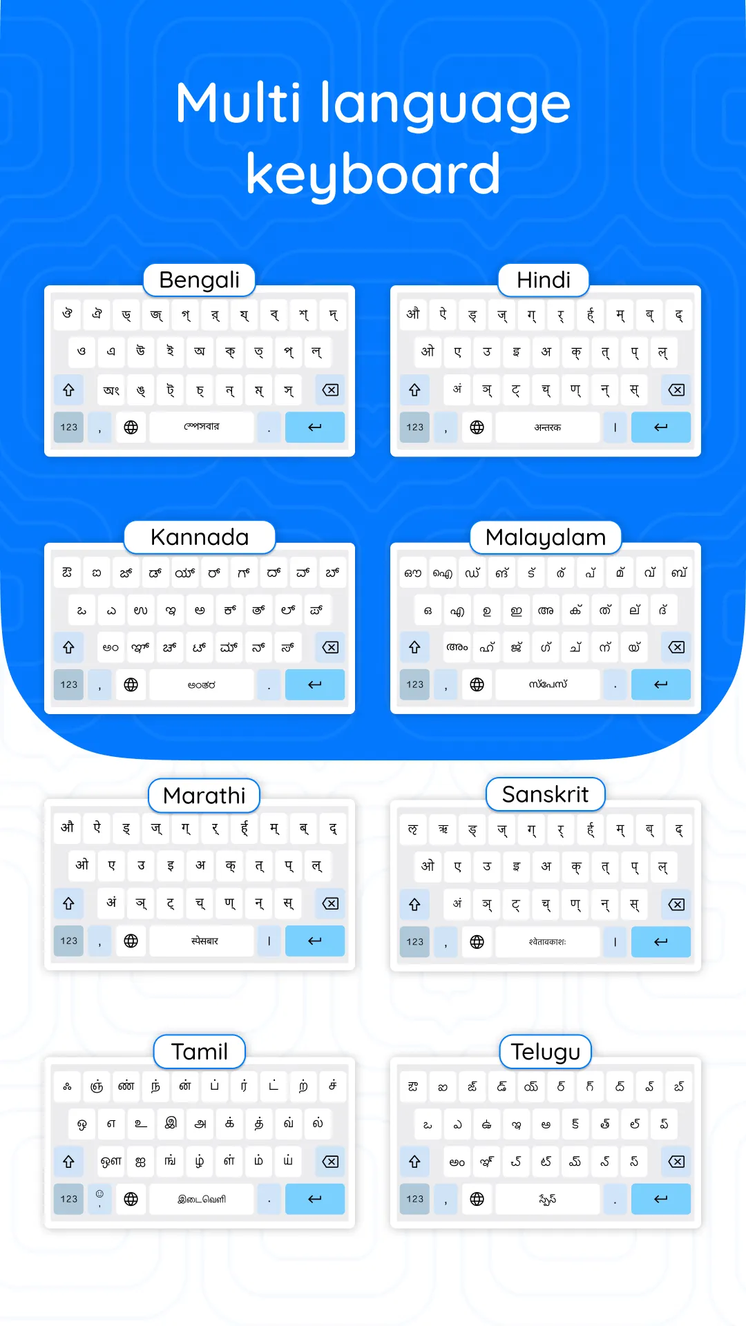 Varta keyboard layouts for Bengali, Hindi, Kannada, Malayalam, Marathi, Sanskrit, Tamil and Telugu.